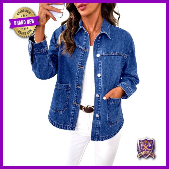 Oversized Denim Jacket Classic Boyfriend Fit Button Down Casual Chic